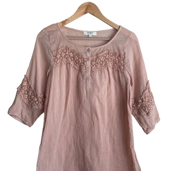 Umgee Women Tunic Top S Peach Flower Crochet Inlet Gauzy Boho Cottage Prairie - Picture 5 of 10